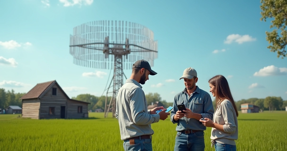 Antena de internet em área rural com céu azul e vegetação ao fundo 
