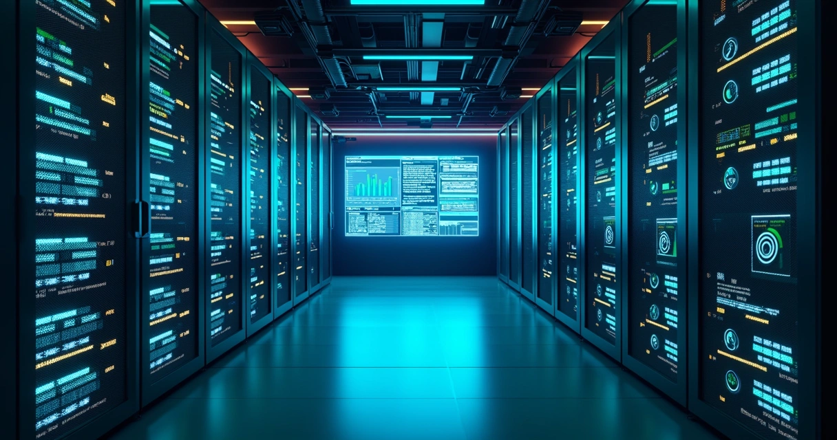 Vista detalhada de um centro de dados moderno com servidores iluminados em azul e verde, telas mostrando gráficos e dados em tempo real ao fundo 