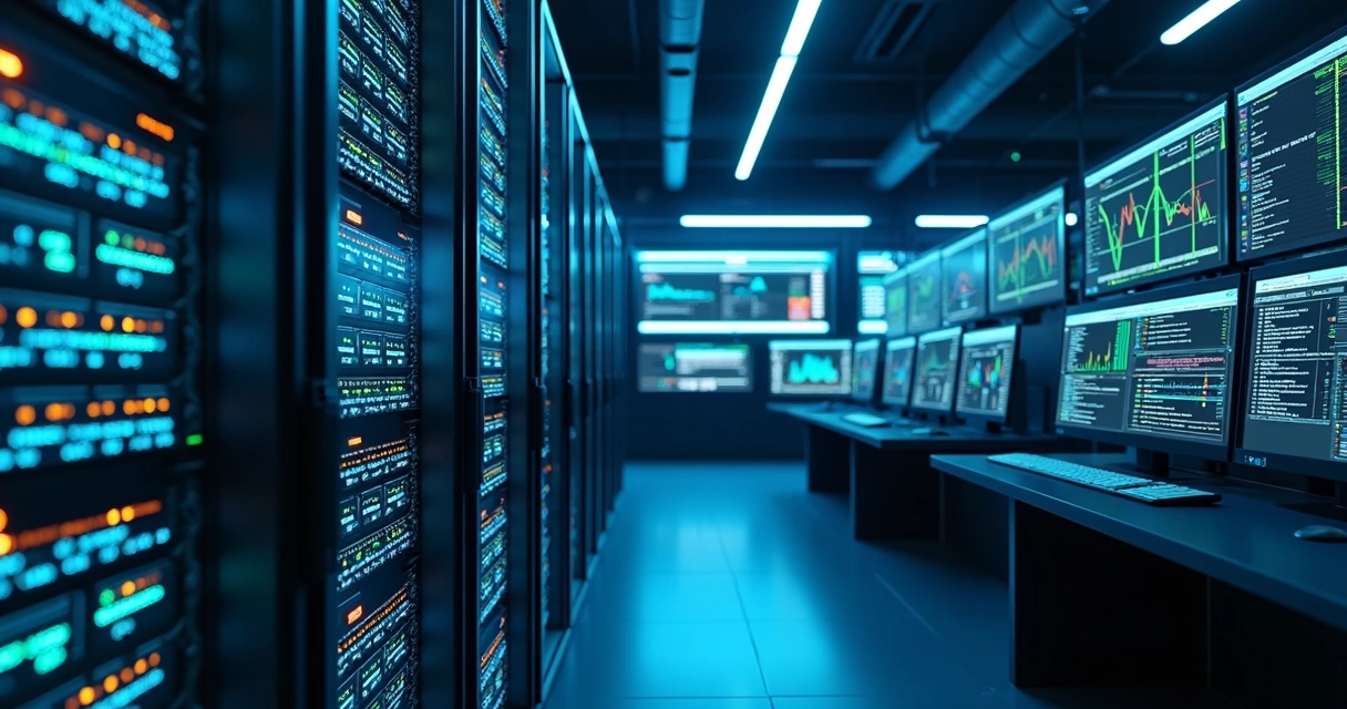 Centro de dados moderno com servidores em racks iluminados em azul e verde, conectados em rede para garantir alta disponibilidade 