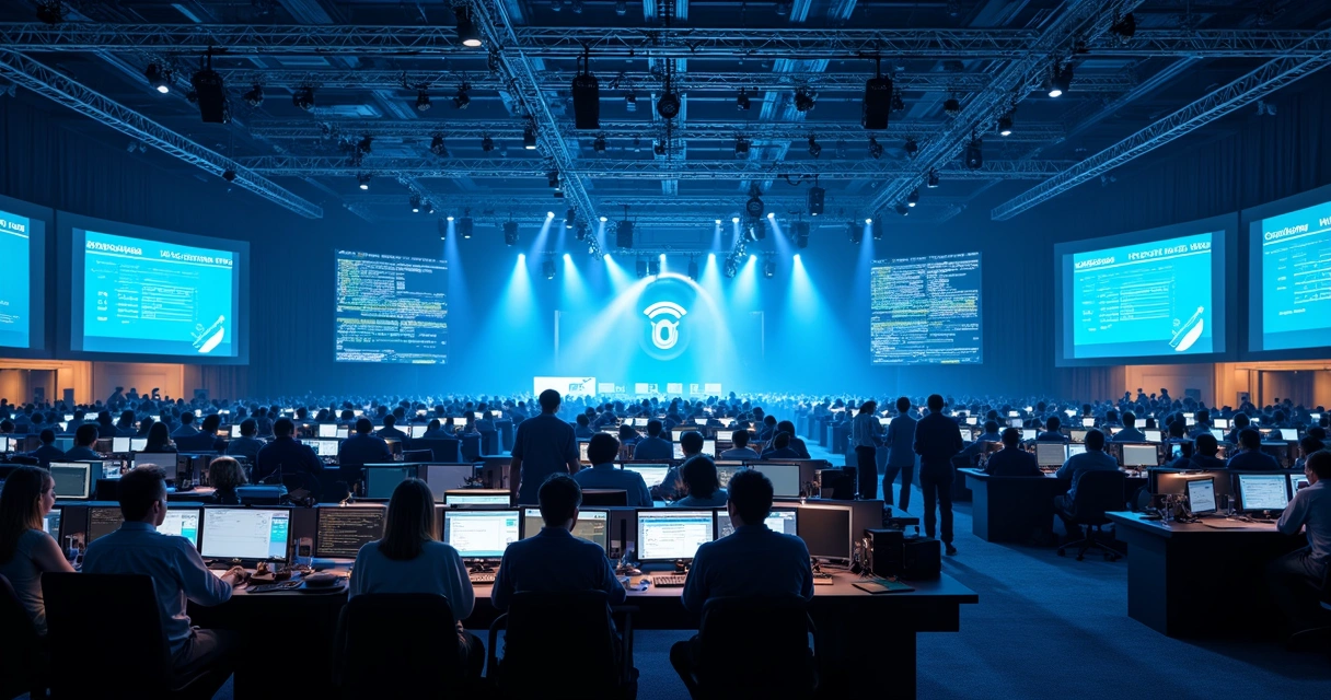 Equipe monitorando infraestrutura tecnológica em evento 