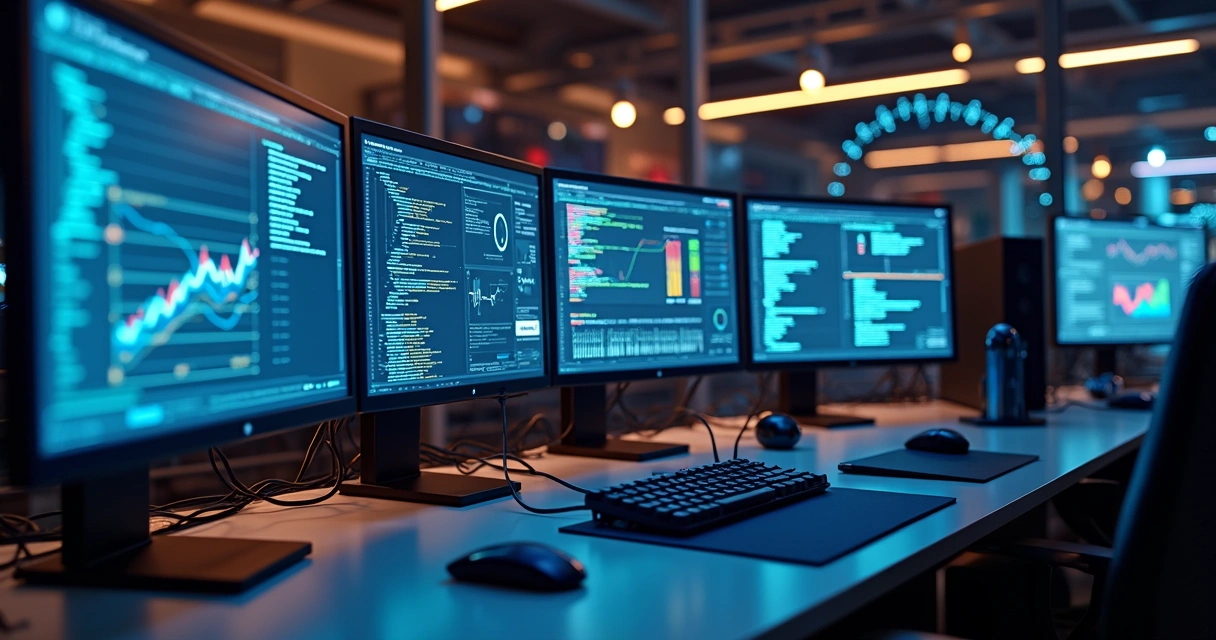 Computador com telas múltiplas exibindo integrações de software, gráficos e códigos em ambiente tecnológico moderno 