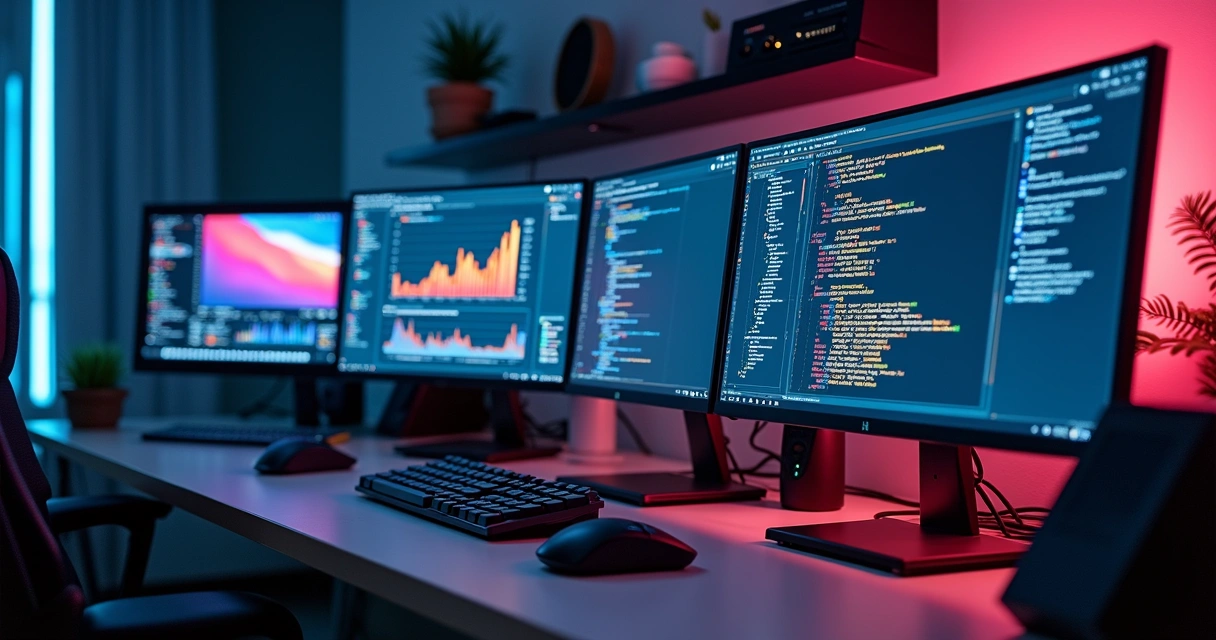 Mesa de trabalho com múltiplas telas mostrando dashboards de microSaaS e código-fonte aberto, ambiente moderno e iluminado com equipamentos tecnológicos de alta performance 