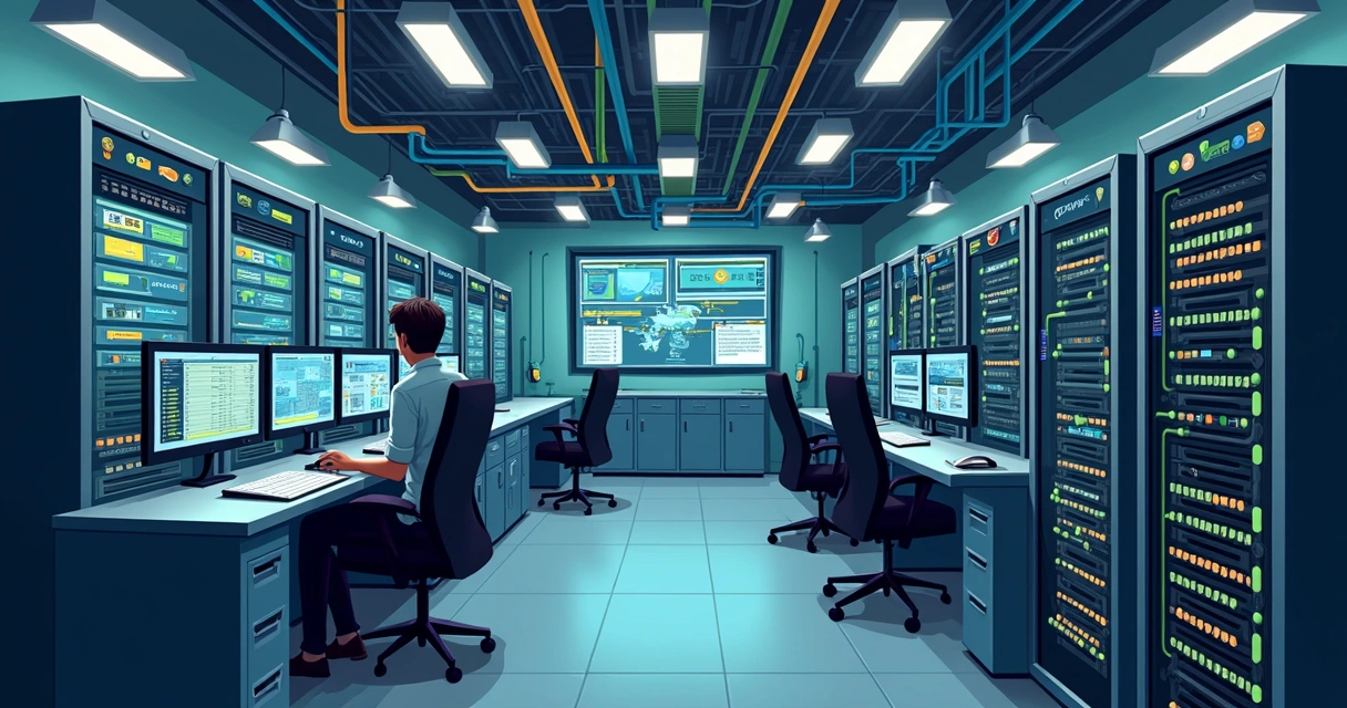 Painéis de controle digitais e servidores em sala do tribunal 