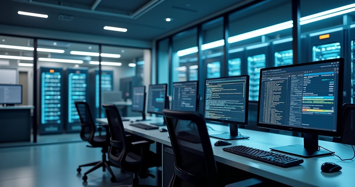 Sala de servidores e computadores conectados mostrando fluxos de chamadas VoIP 