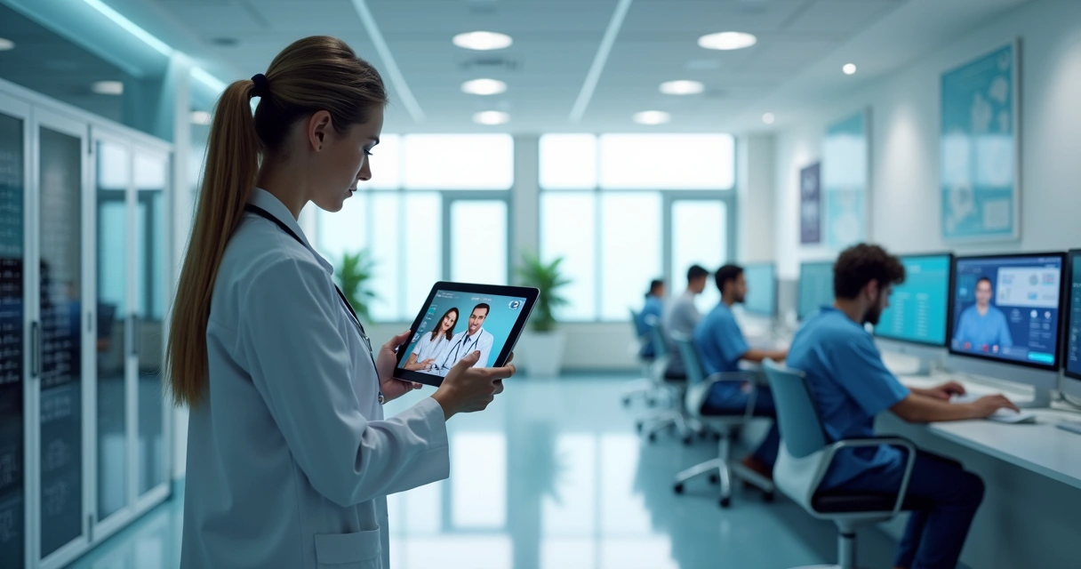 Profissional de saúde usando tablet para consulta remota em clínica com equipamentos de TI ao fundo 