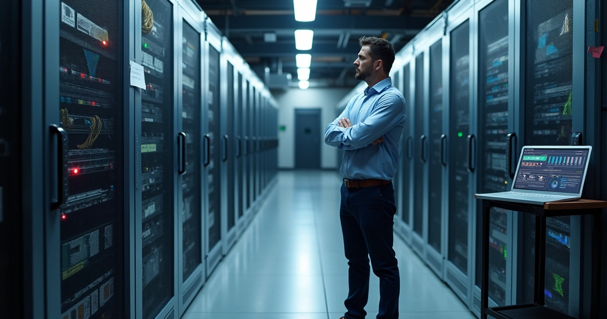 Gestor de TI analisando servidores antigos em data center moderno 