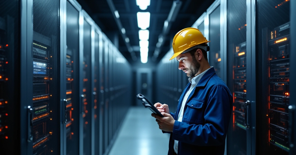 Sala equipada com racks de servidores, computadores e cabeamentos organizados 