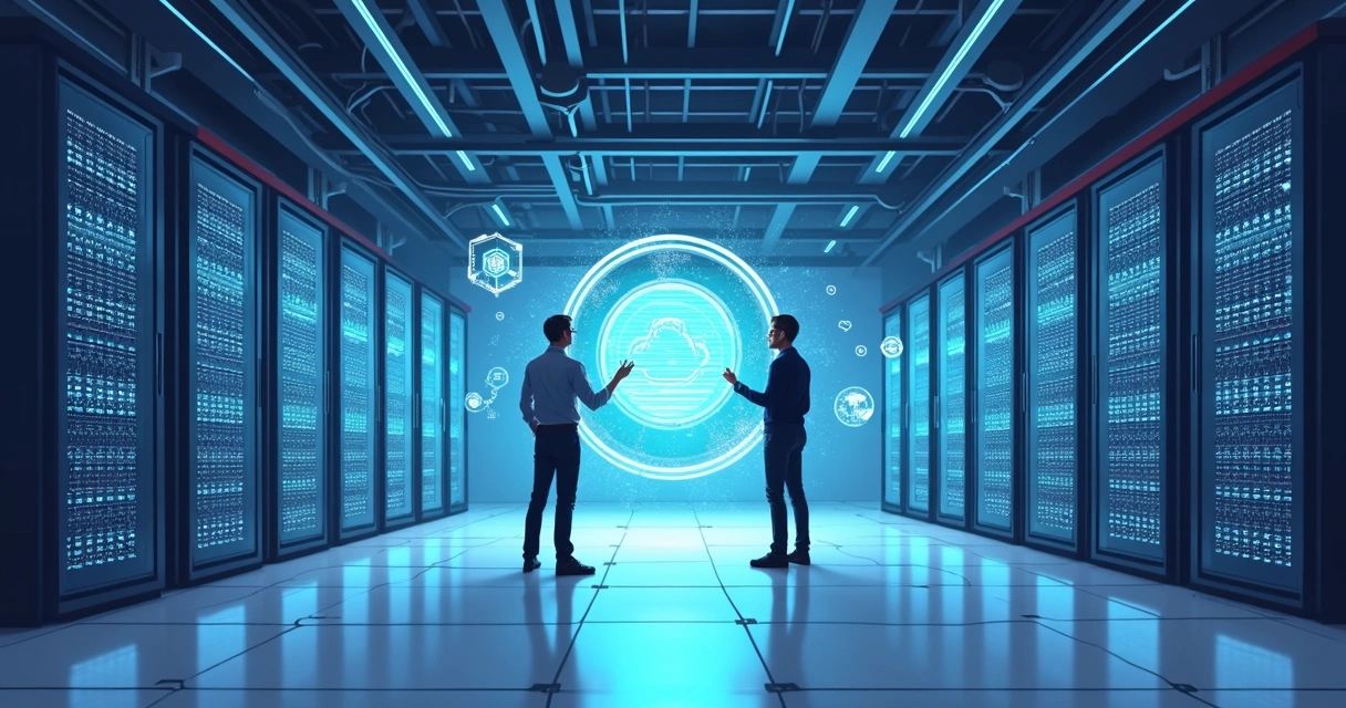 Servidores em rack e painéis em uma sala de data center futurista 