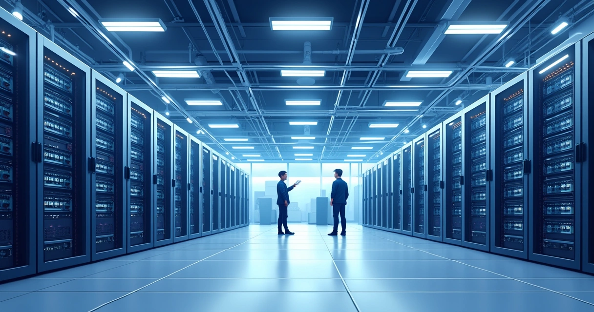 Salas de data center organizadas com UPS, cabos e servidores alinhados 