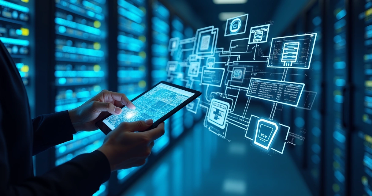 Visual representation of infrastructure as code with digital blueprints, code snippets, and servers 