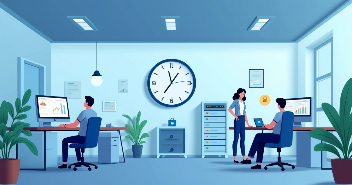 Ilustração de um escritório moderno com estações de trabalho, computadores e um servidor de backup, simbolizando proteção de dados.