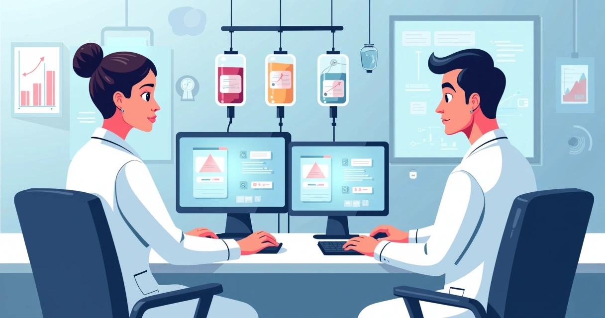 Ilustração flat corporativa de infusão contínua em anestesia com profissionais e equipamentos médicos