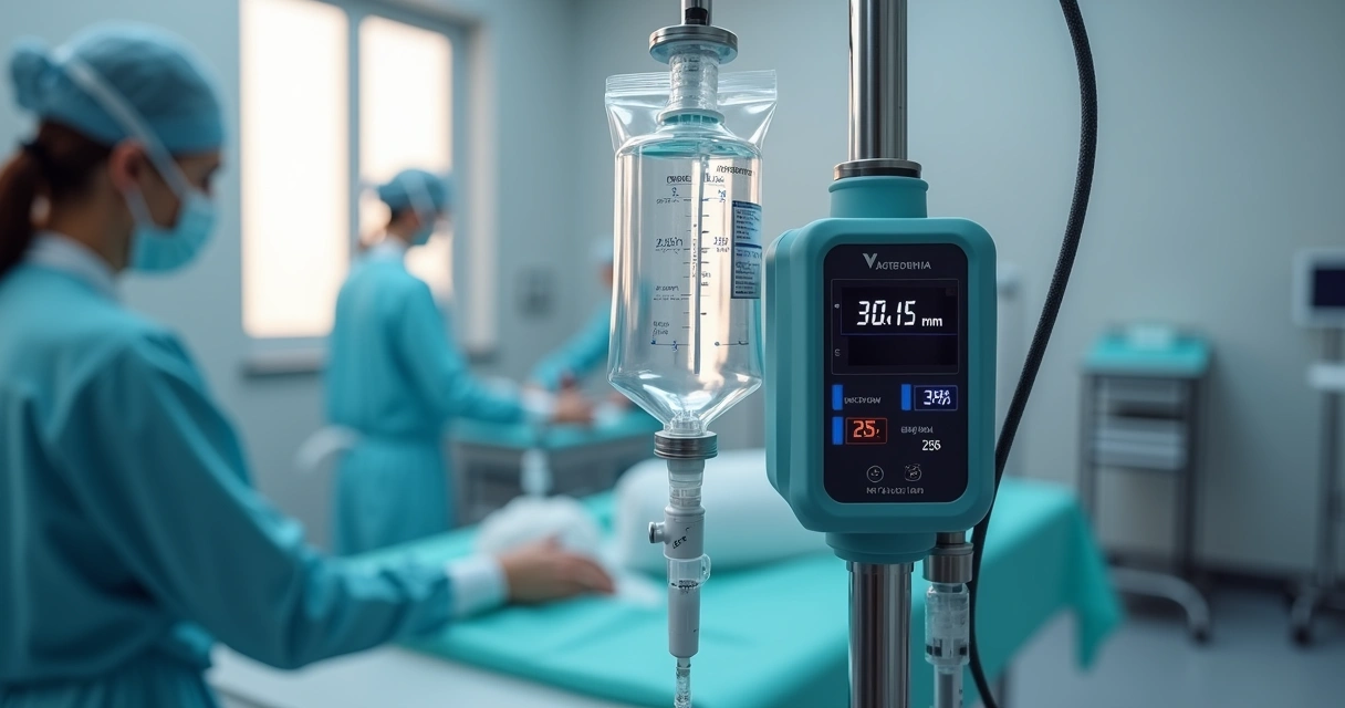 Equipamento médico com bomba de infusão contínua conectada a um frasco de fluido em ambiente clínico veterinário