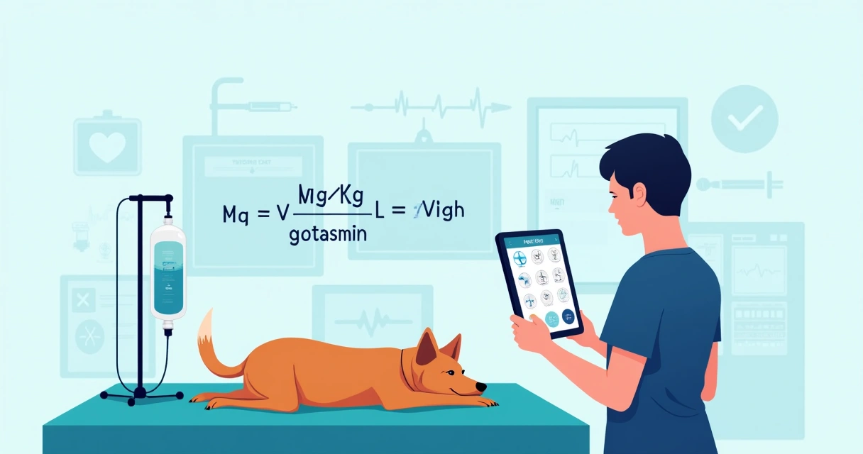Ilustração de veterinário calculando infusão de medicamentos em cão na mesa cirúrgica 