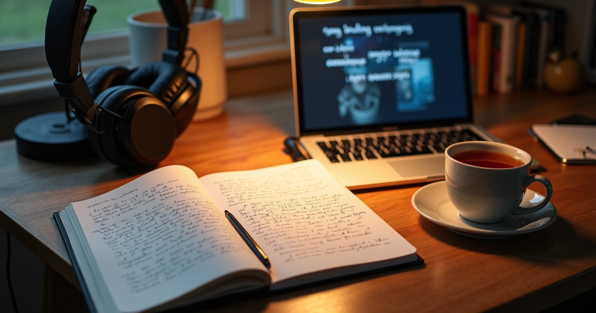 Mesa com caderno, fone e telas com músicas e série em inglês 