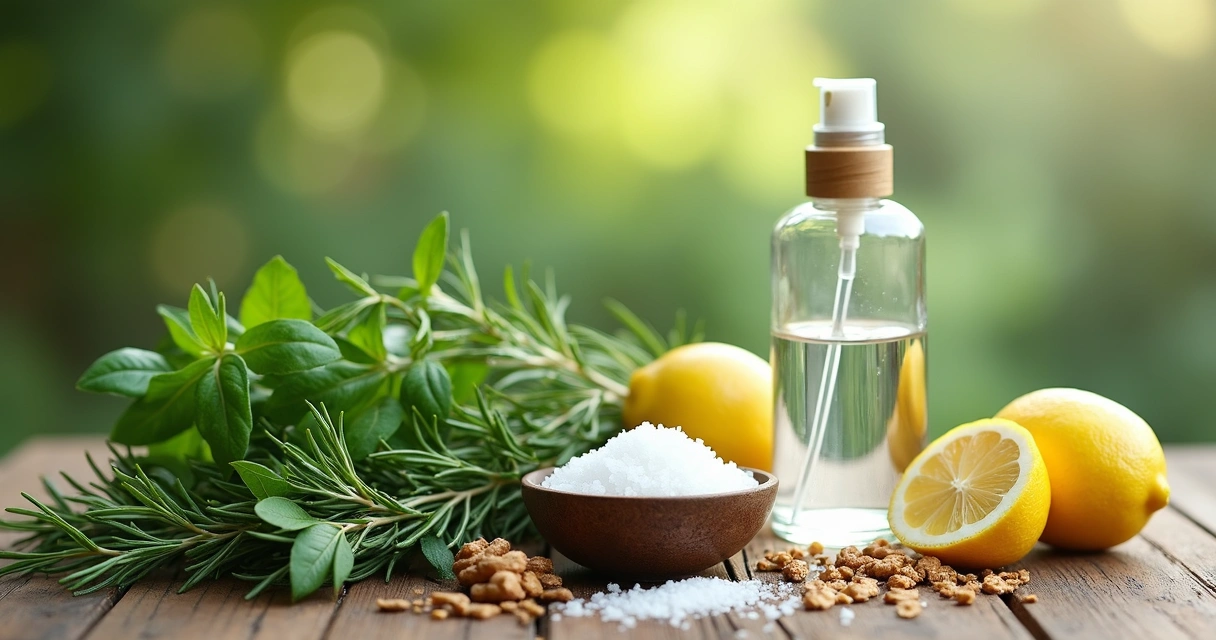 Ingredientes naturais para água de proteção em uma mesa 
