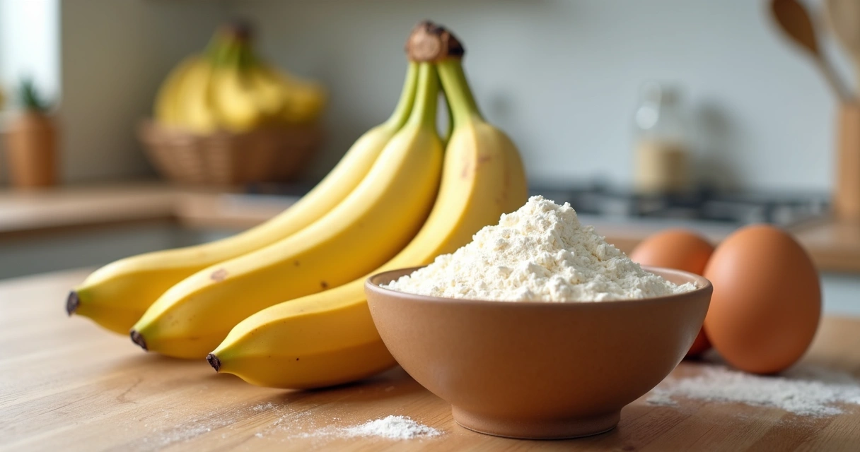 Cascas de banana, ovos e fermento em uma bancada