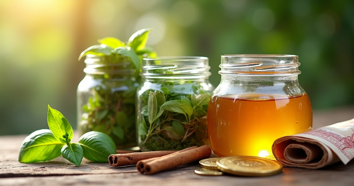 Ervas de manjericão, louro, canela, arruda e mel em potes de vidro 
