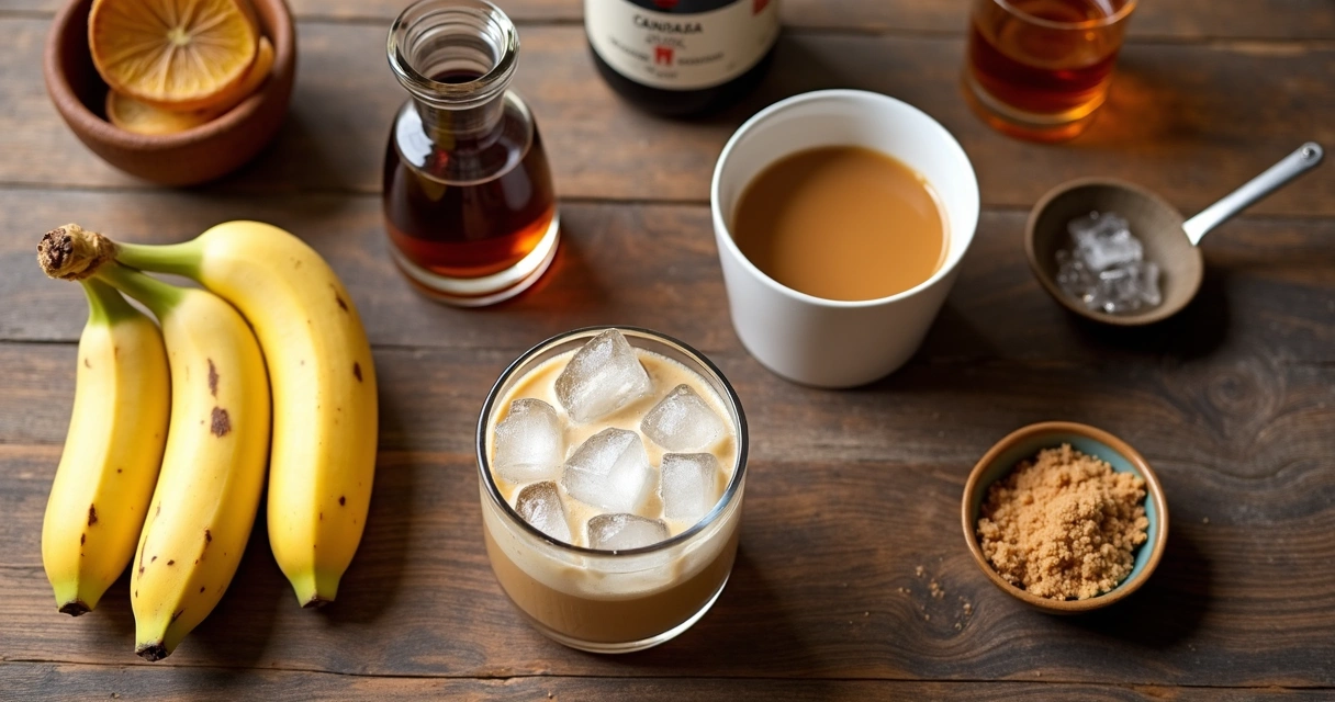 Ingredientes do drink Banoffee organizados sobre mesa de madeira 
