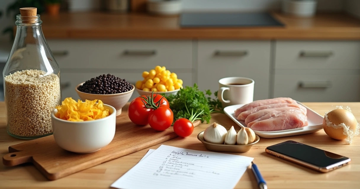 Mesa organizada com ingredientes básicos divididos por categoria e uma lista de compras 