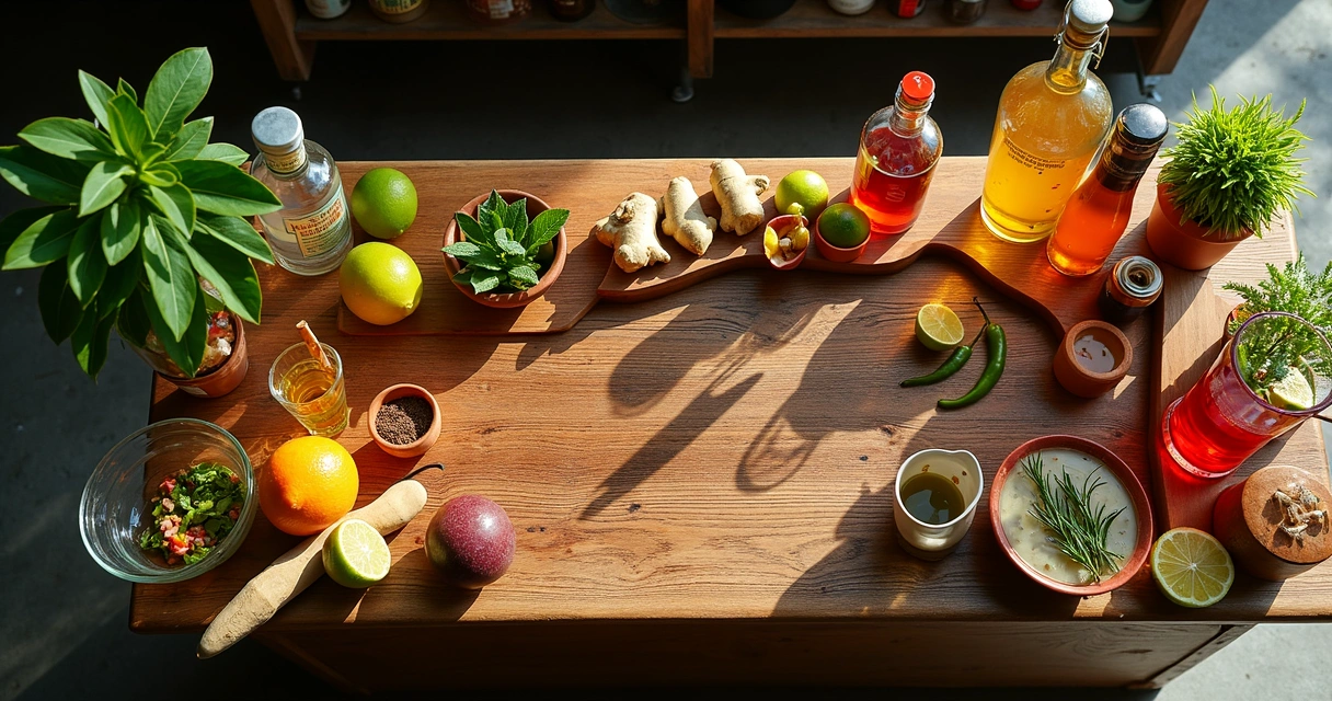 Diversos ingredientes brasileiros expostos em uma bancada, como frutas, ervas e raízes, prontos para serem usados em drinks 