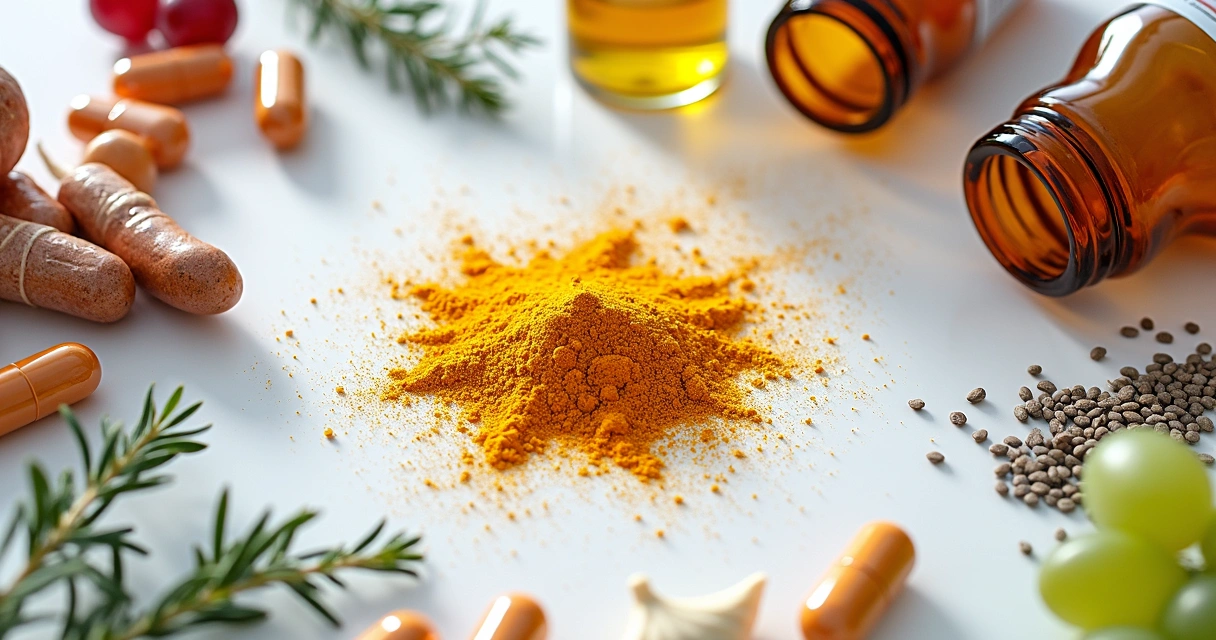 Ingredientes naturais e cápsulas sobre uma bancada branca