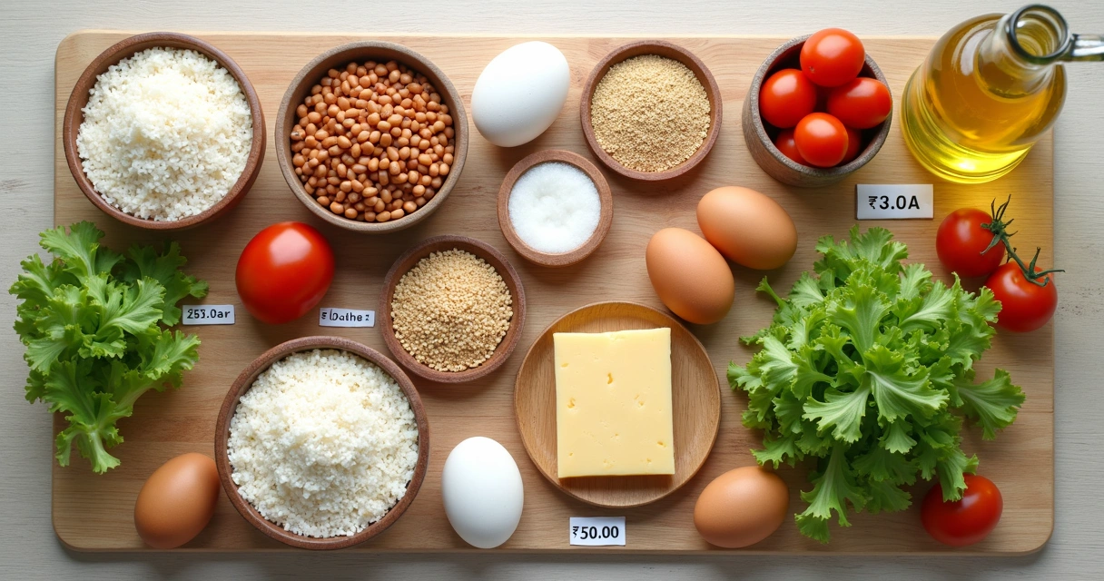 Exposição de ingredientes da cesta básica sobre mesa de madeira clara 