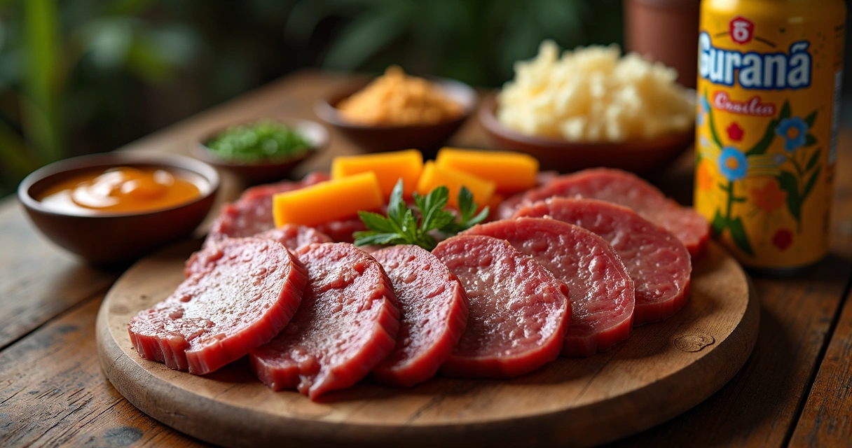 Ingredientes de churrasco brasileiro em mesa de madeira 