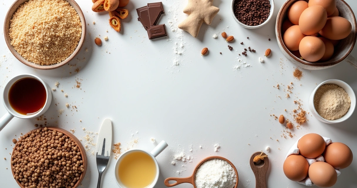 Ingredientes para confeitaria sobre mesa de madeira clara 