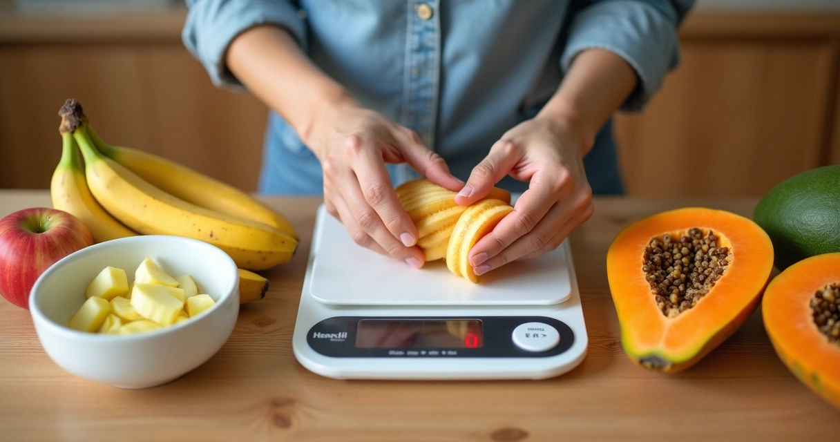 Vários tipos de frutas sendo descascadas e pesadas separadamente em uma bancada. 