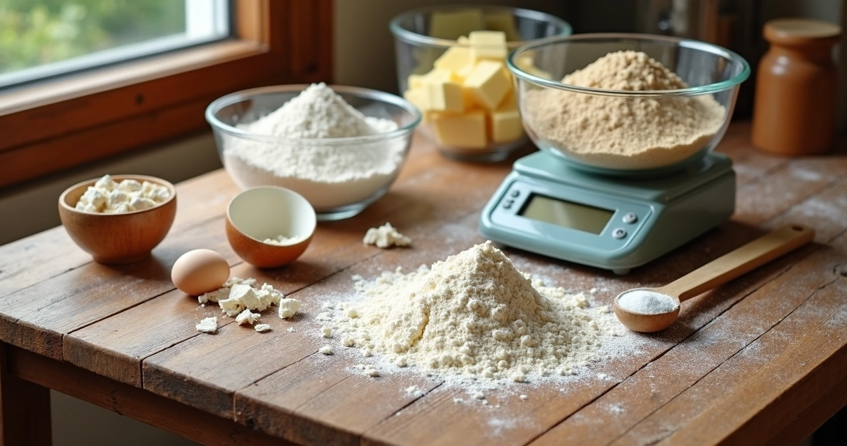 Ingredientes usados na confeitaria dispostos sobre mesa de madeira com utensílios para medir e calcular sobras 