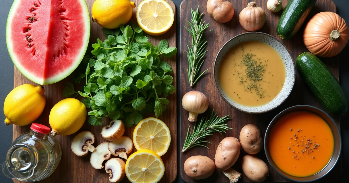 Ingredientes de inverno e verão organizados em bancada