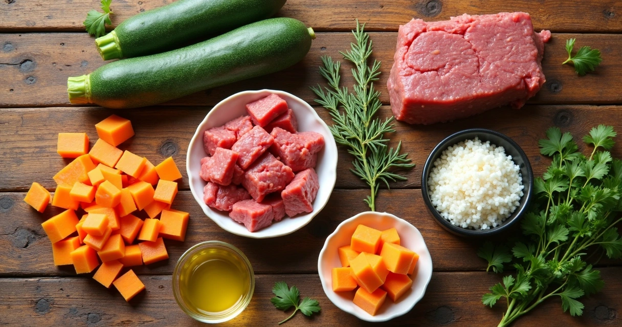 Variedade de ingredientes frescos para preparo de comida natural para cães 