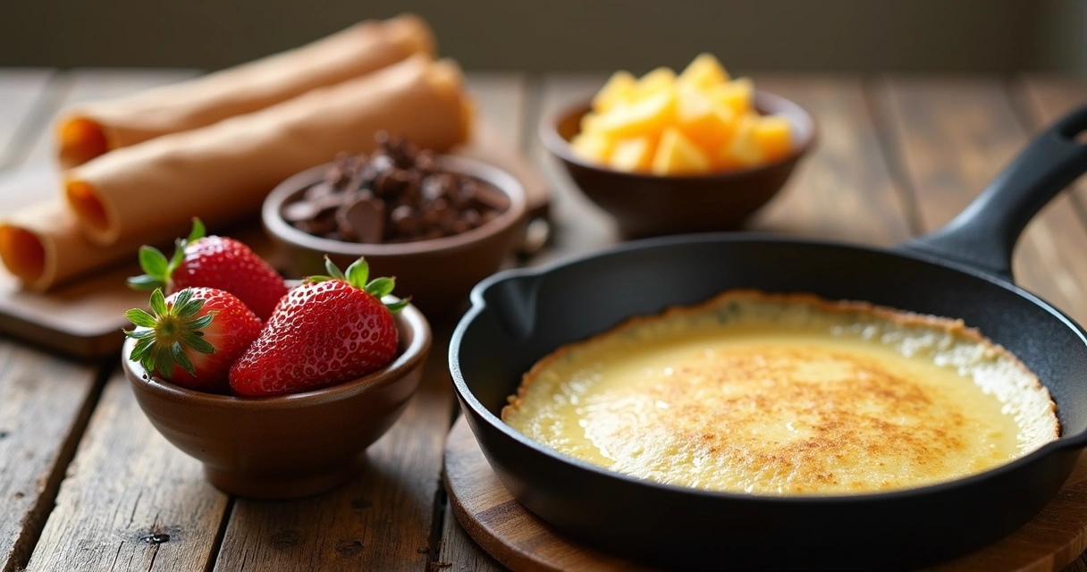 Ingredientes frescos organizados em tigelas ao lado de uma frigideira de crepe. 