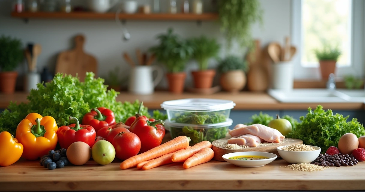 Ingredientes frescos e coloridos para refeições saudáveis em uma cozinha bem iluminada.
