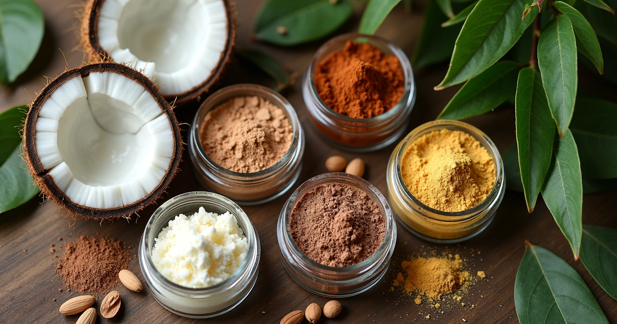 Ingredientes naturais, como óleos, manteigas e pigmentos dispostos em potes de vidro sobre mesa