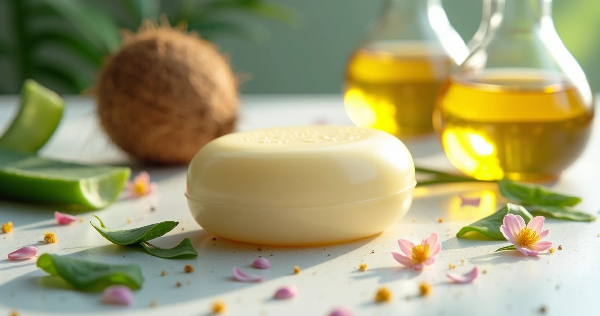 Ingredientes naturais de condicionador ao redor da barra 