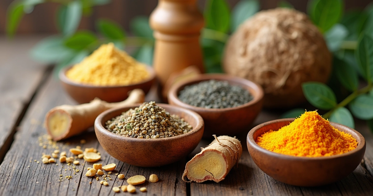 Ingredientes naturais variados em potes de cerâmica e madeira, arrumados em uma mesa de madeira 