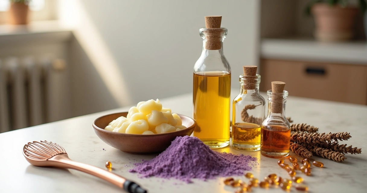 Ingredientes de origem natural usados em matizadores, em bancada de salão 