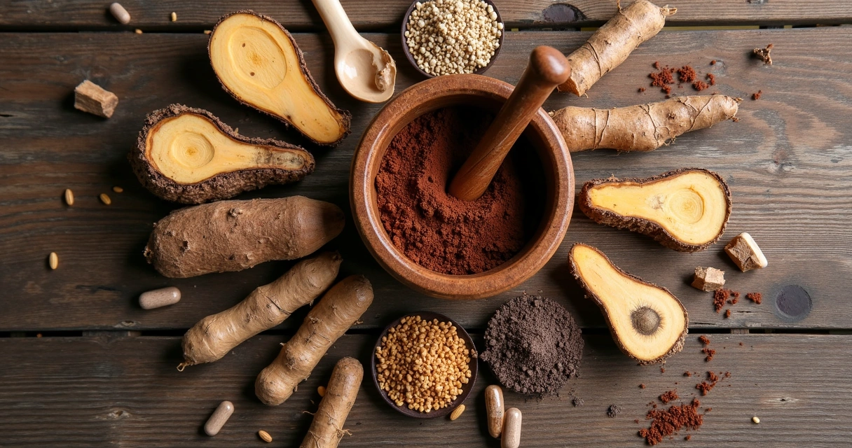 Ingredientes naturais como maca, ginseng e cápsulas em superfície de madeira