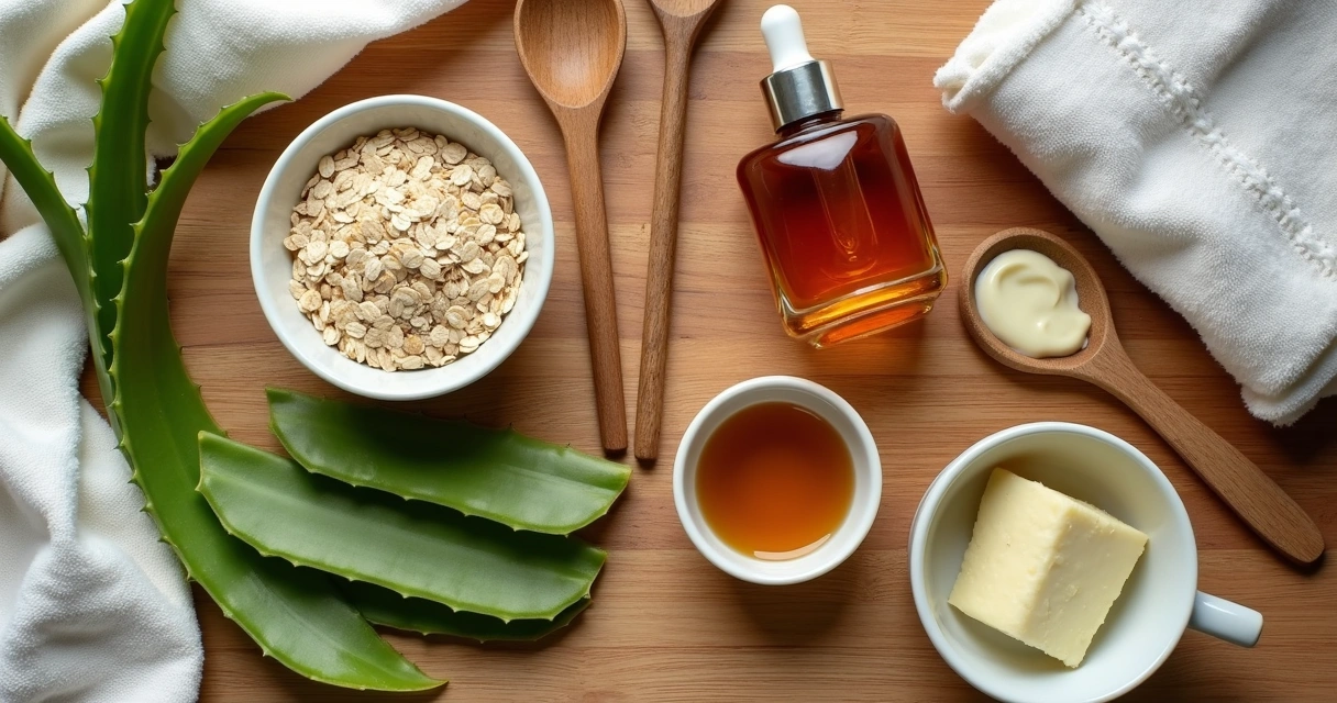 Varios ingredientes naturales y recipientes de cristal sobre mesa de madera