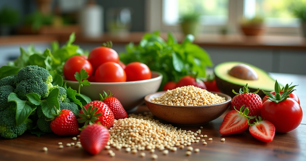 Cena de cozinha com vegetais frescos, frutas, grãos e azeite, realçando cores vibrantes e nutrientes essenciais.