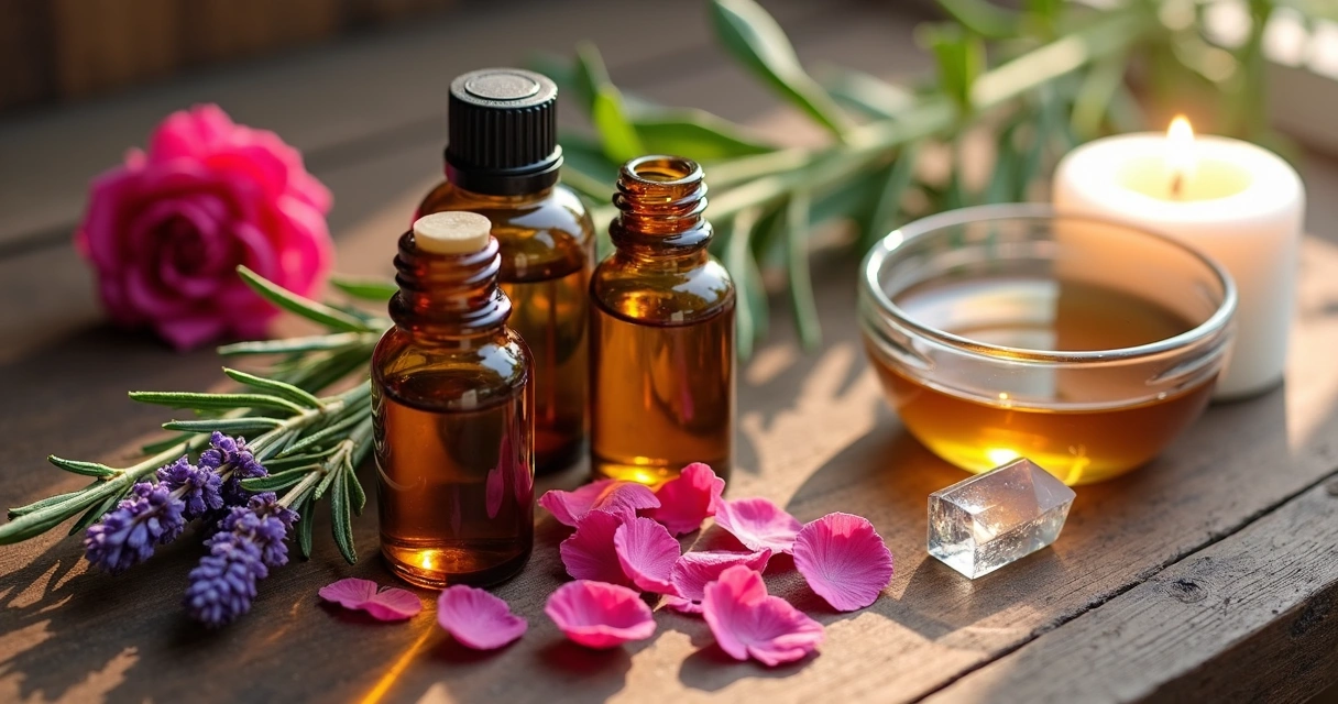 Mesa com ingredientes naturais para perfume, como flores, óleos e ervas 