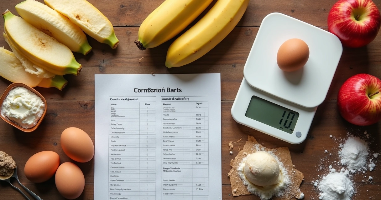 Mesa de madeira com ingredientes para confeitaria, incluindo frutas descascadas, ovos sem casca, balança digital e tabela de fator de correção impressa 