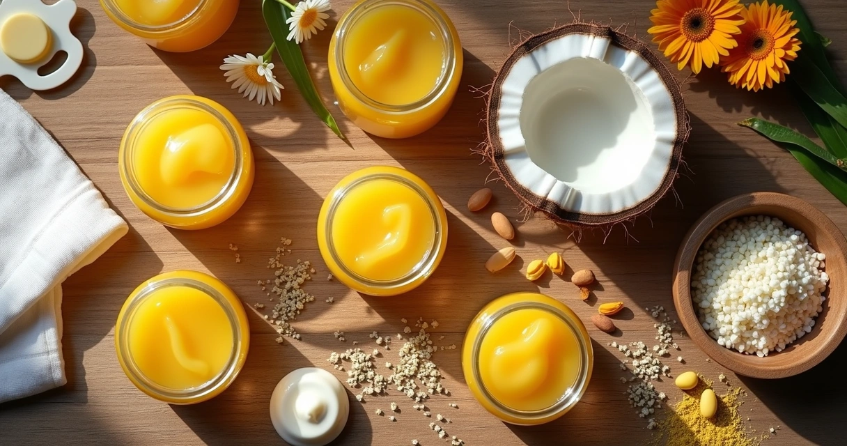 Ingredientes naturais de pomada para bebê sobre bancada