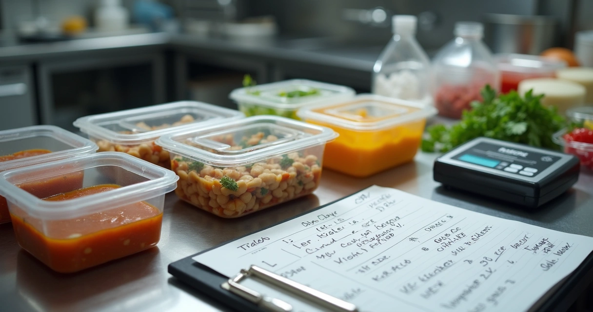 Bancada com ingredientes porcionados e etiquetas de produção