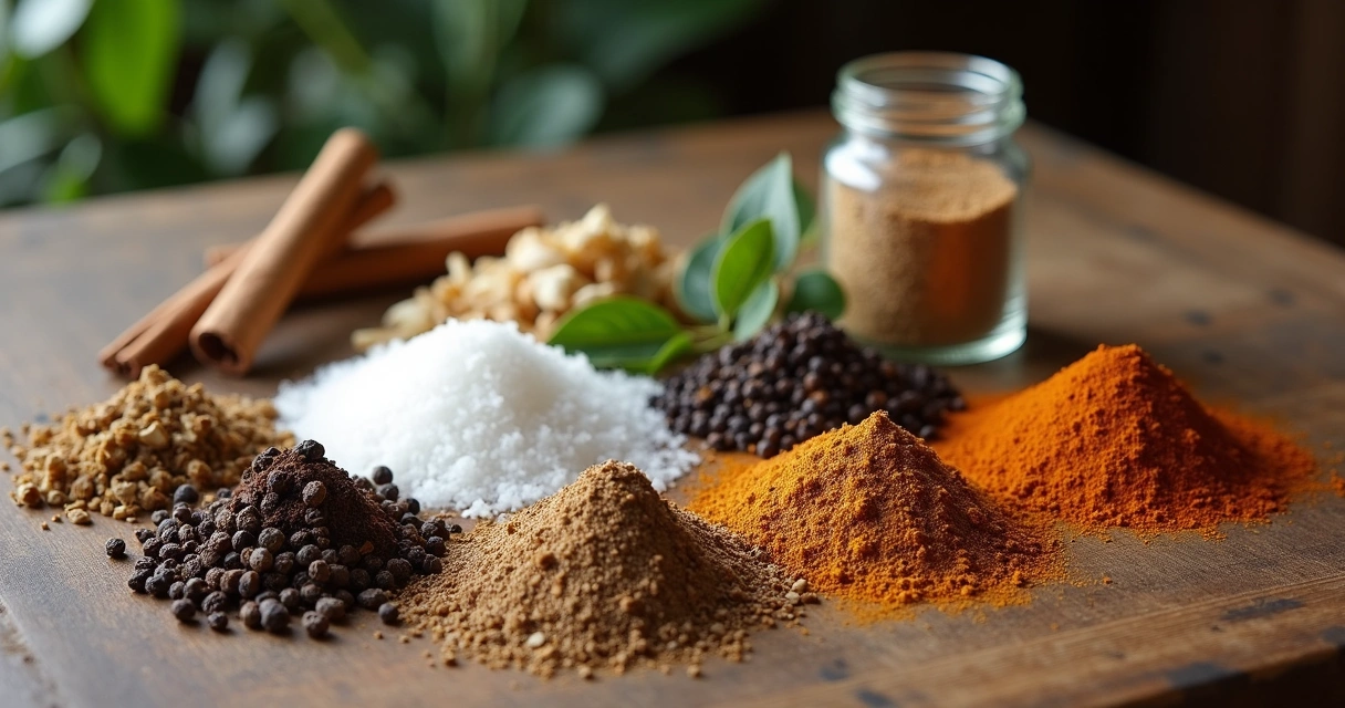 Ervas secas, sal grosso, pimenta e cravo-da-índia em uma mesa de madeira ao lado de um potinho de vidro