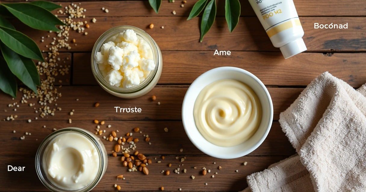 Ingredientes variados para pré poo, incluindo óleo de coco, máscara de hidratação e creme capilar 