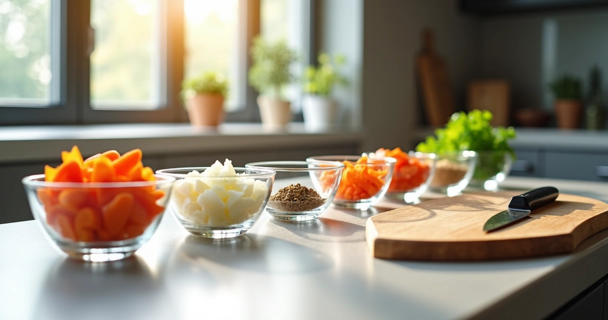 Ingredientes diversos preparados em pequenos recipientes em bancada de cozinha moderna 