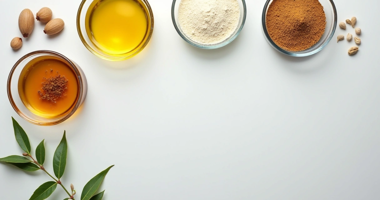 Vários ingredientes naturais em potes pequenos organizados em bancada de salão de beleza. 